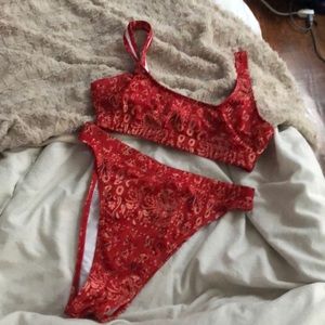 High-waisted hot lava red two-piece bikini